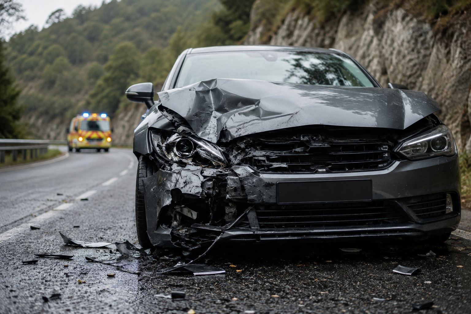 Vehículo accidentado con una ambulancia al fondo.