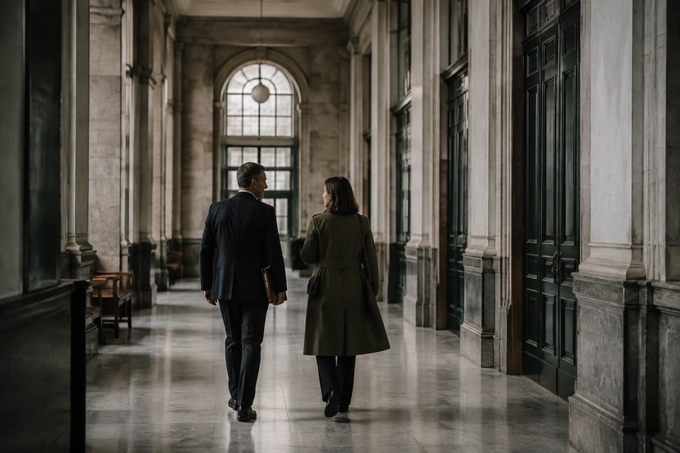 Profesionales en el interior de un edificio judicial.
